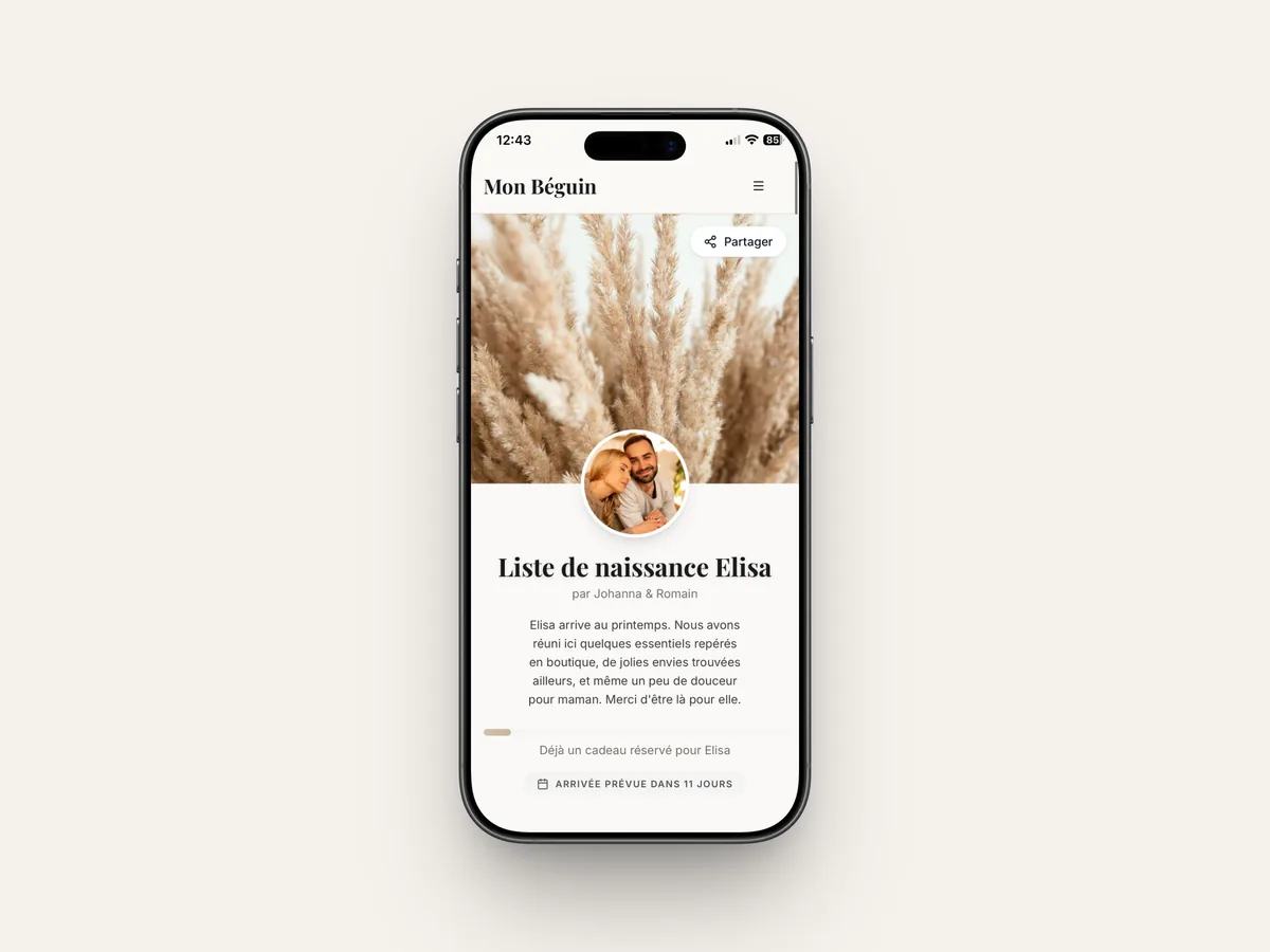 Liste de naissance Mon Béguin vue par les proches sur mobile